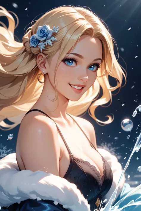 A beautiful young blonde woman with blue eyes, smiling and splashing in a midnight pool with another black woman, hting, vivid colors, cinematic, dramatic lighting, mystical atmosphere, snow floating around them
