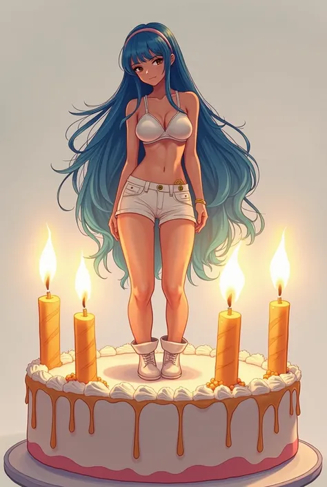 ( wide hips:0.8), Nefertari BB IP  _NDV, 1 woman,  blue hair,  big boobs,  long hair, brown eyes, Split ,  Im wearing white hot pants , Im only unbuttoning the south side, and Im wearing a camisole in the south.  and heel boots . Shes standing on a cake ma...