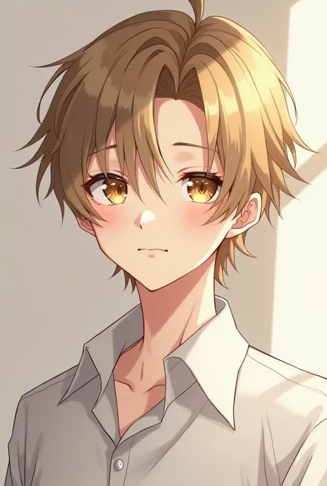 anime boy, light brown hair color,  white skin ,  yellow eyes . 