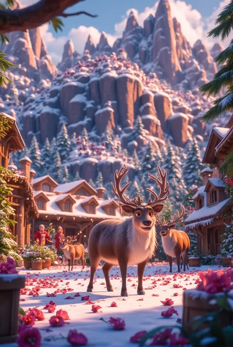 Santas Village 、 reindeer are grazing、A mountain of presents、Ranch where multiple adult Santa 、 no s