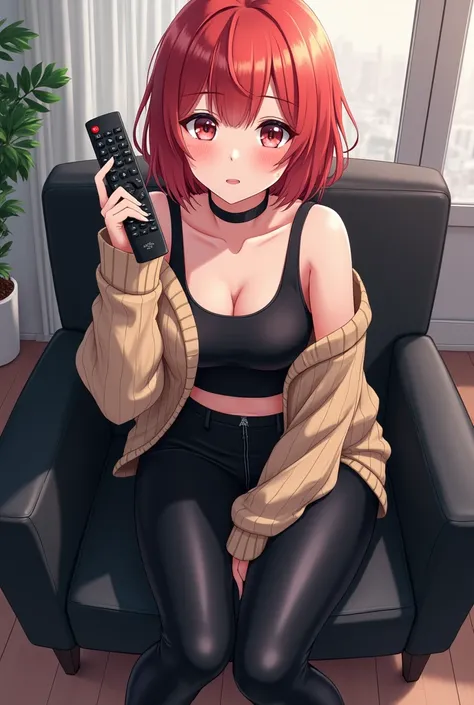 Anime Teenage Woman Has Short, Reddish Hair, with big and expressive eyes of pink color or similar She wears a beige knitted sweater that leaves one shoulder uncovered and has a black leather t-shirt with bare shoulders and black leather pants and black le...