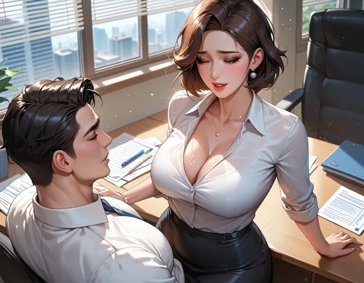 score_9, score_8_up, score_7_up, (1girl), Korean Office man ( beautiful face, handsome, manly), Korean mom (short hair, sexy, big hips, breasts, beautiful, orgasm, foreplay,  in the boss office