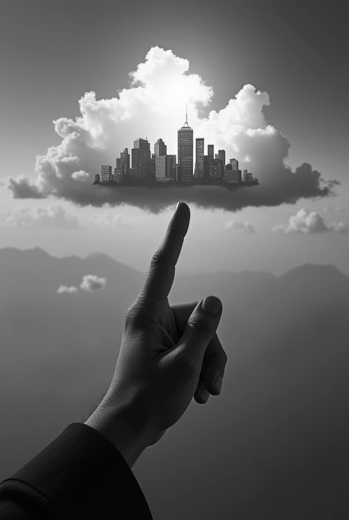 Black and white picture with surreal stype. Back of mans finger form the sky  go over the cloud pointing down to the city. The city so small on his finger.  A light form top of his finger grow and shoot to the city.