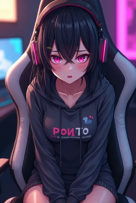 Anime girl , ((( gamer girl ))) , ((( Slim sexy body ))) , Nice realistic lips , cute eyes , looking towards me , ((( A RGB black headphone ))) , medium breast size , Black hair , ((( Wearing a Cool Hoodie ))) , ((( big saggy boobs ))) , sitting on a ((( B...