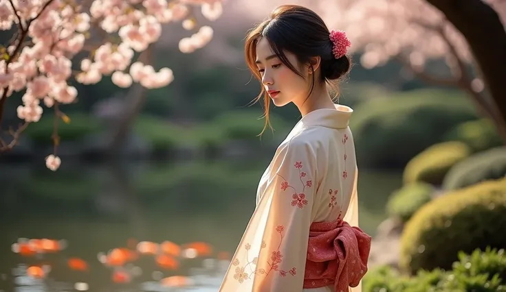 In a tranquil Japanese tea garden, an Asian woman with fair skin and dark hair stands gracefully beside a serene koi pond, her expression one of peaceful introspection. Dressed in a flowing, light pastel kimono adorned with minimalistic floral patterns, sh...