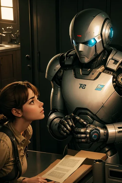 A scene with three characters, one man, one woman and a robot