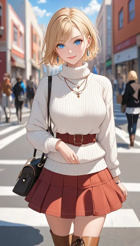 1girl, short hair, looking at viewer, blush, smile, blue eyes, blonde hair, long sleeves, jewelry, medium breasts, standing, full body, outdoors, earrings, frills, solo focus, day, necklace, blurry background, shadow, red skirt, brown footwear, arms behind...