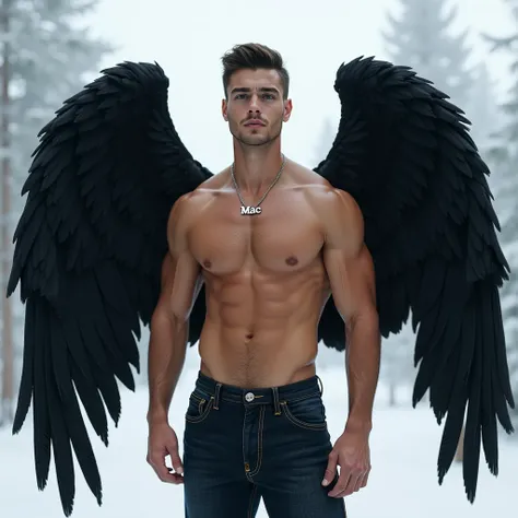 Cute young guy standing with abs on his body. With black wings. With necklace pendant mac name. Background is white christmas