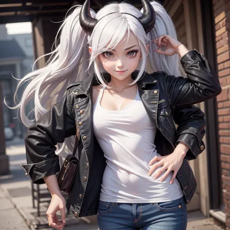  Make an anime character like Boku not a hero  ,  and will have white hair  , In scene style  ,  She will be a demon but cute  ,  black eyes , smooth hair, jeans,  she will give a calm and harmless image  ,  she will have red skin  ,  demon horns and small...