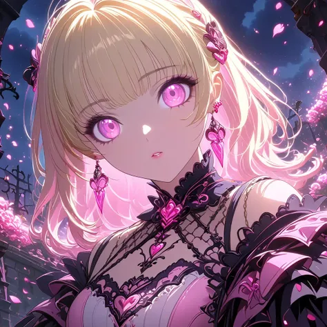 1girl,Blonde hair,pink fantasy gothic cute style,Pink Eyes,earings,anime,night,chiaroscuro,cinematic lighting,large quantity of petals,night,dark fantasy,graveyard background,masterpiece,best quality,ultra detailed,8k portrait,unity 8k wallpaper,super fine...