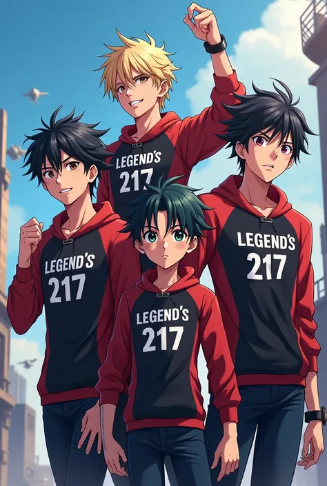 Genarate a photo with this instructions (4 legendary boys  in anime style & write on their top The legends Rm: 217)