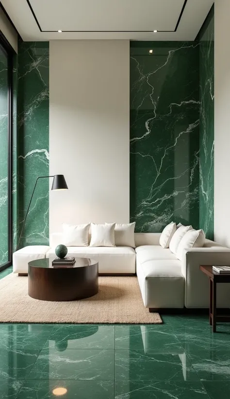 "An elegant lounge area with Verde Alpi marble flooring, showcasing rich green hues with striking white veining, adding an exotic touch to the space. The walls feature polished green marble accents that harmonize with the floor. A minimalist white sofa and...