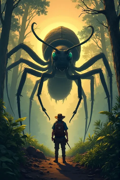 A traveler comes across a giant ant in the forest at dusk