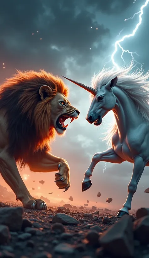 "A highly detailed and hyper-realistic scene showing a fierce lion and a majestic unicorn standing face-to-face in a tense confrontation. The lion, with its powerful muscular frame, sharp claws, and a fiery mane, snarls aggressively, baring its fangs. The ...