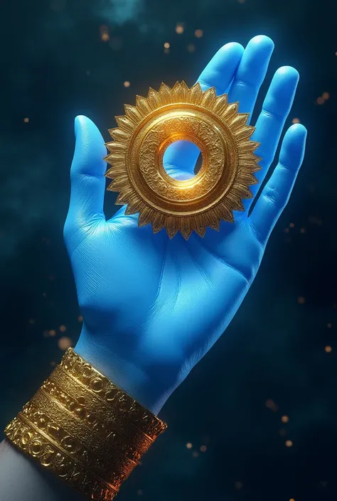 A very light blue hand, wearing a thick worked golden bracelet, hold in his index finger in round golden disc with a hole in center and sharp thousands of edges, a close view in a cosmic background 