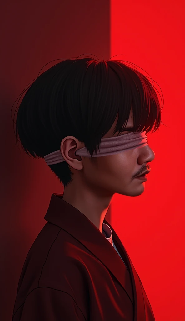 (photorealism:1.2), A young boy with a Korean-like hairstyle with a cloth over his eyes and his background being dark red And 
Redis  Sunlight repletion