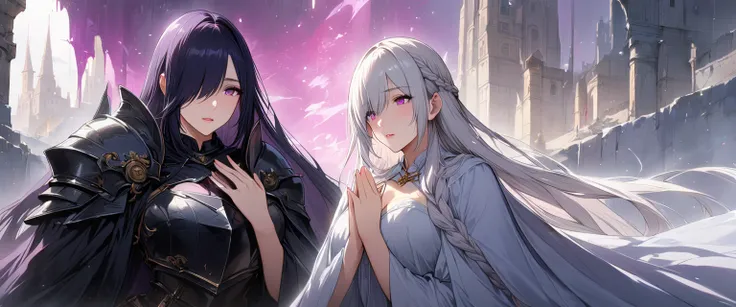 (masterpiece, UHD, 8K, 16K, ultra detailed, best quality:1.2), illustration, yuri, 2girls, (duo focus), Ily(girl on left, white long braided hair, hair over one eye, pink eyes, looking at Rize, praying, using a sister dress, priestess), Rize(girl on right,...