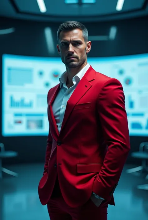 A picture of a man in a red suit standing in a conference room