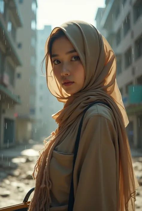 (A woman:1.5), korean, (wearing khaki colours, wearing long khaki colours hijab:1.4, long sleeve, wearing khaki colours transparent pashmina, unbuttoned loose opened uniform, showing nude breasts, small naturally pink nipples and errect nipples, classical ...