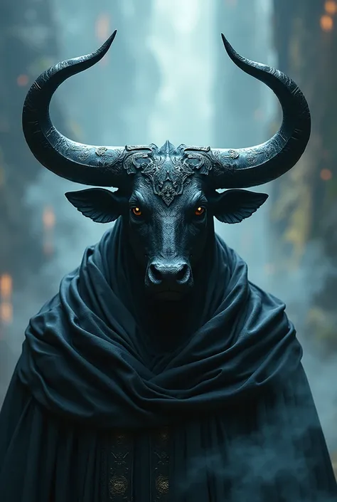 There is a pair of black bull horns on the top of the head