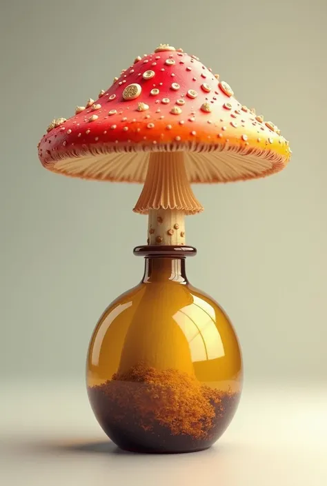 Create a picture of a toadstool growing out of a massage oil bottle. 