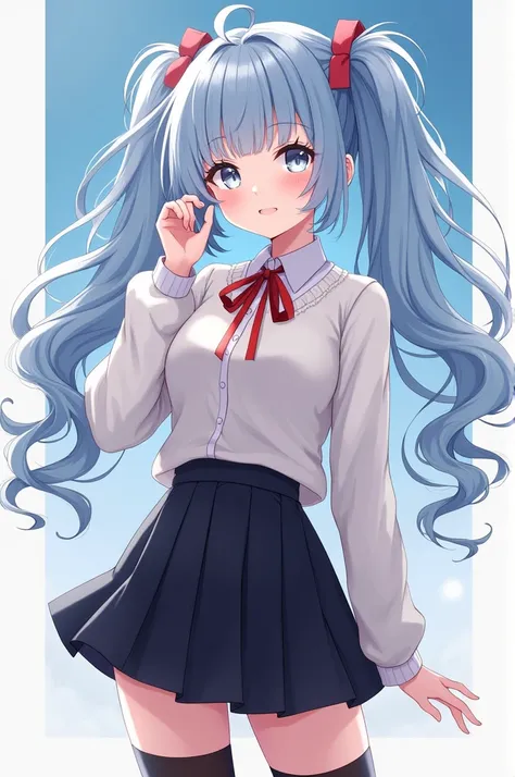 A girl with long periwinkle blue hair done in curly pigtails and vent bangs, white eyes, cream skin, and an hourglass, curvy body. She is wearing a white button up shirt which was tight on the chest area, a red ribbon tie, a short black pleated skirt, a wh...