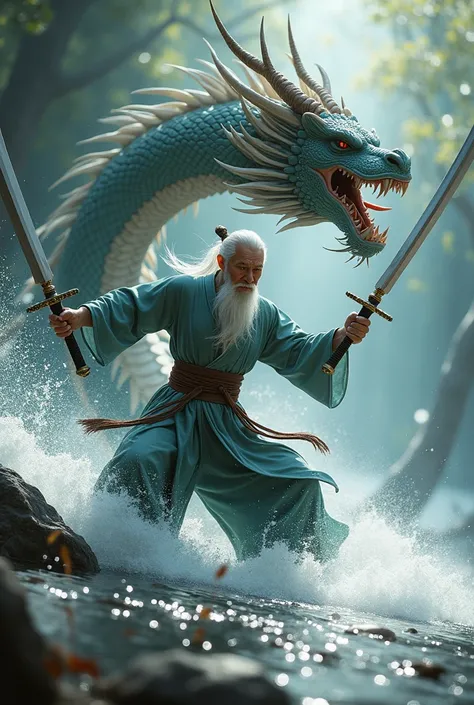 (((Highest quality, 8k, masterpiece:1.3)), elder, Fighter, ((Kung Fu Clothing)), Flowing water movement, Sharp Eyes, Toned Body fighting the dragon with flying swords