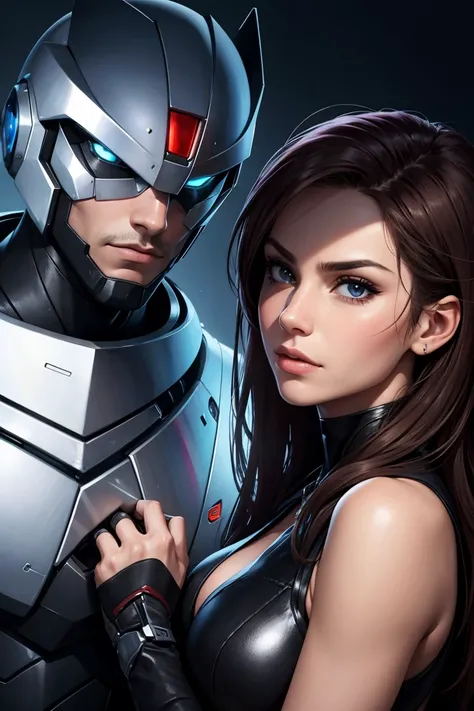 A portrait of a character that is a combination of a man, a woman and a robot