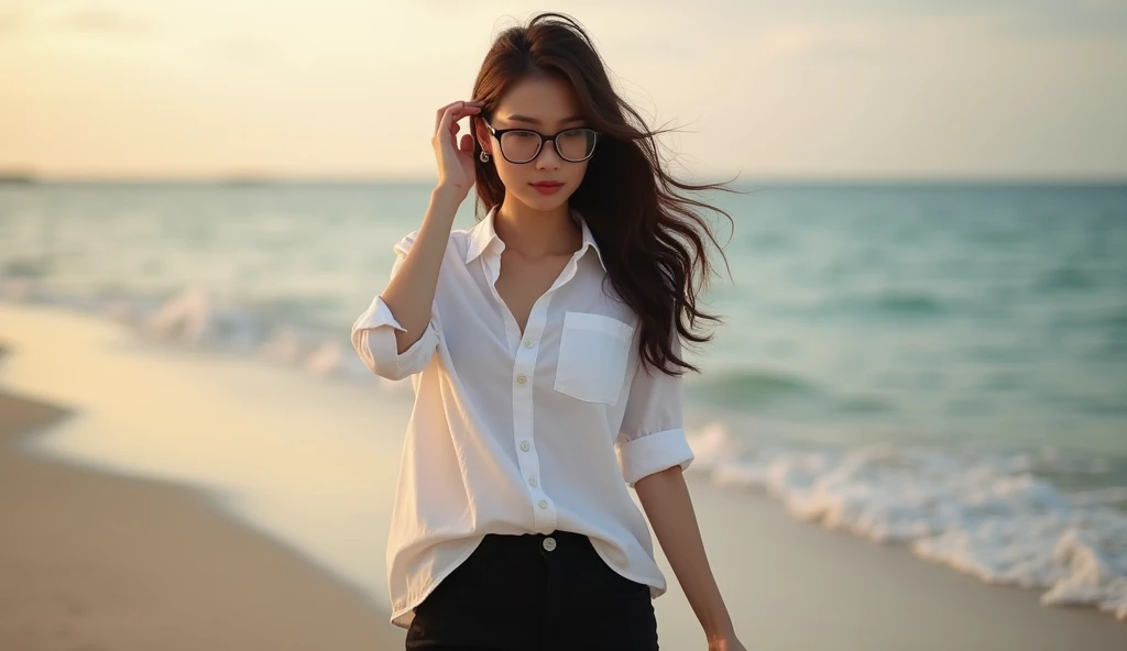 Masterpiece High Quality Photo Masterpiece High Resolution Realistic Photorealistic Sexy Pose Portrait Realistic Photography.A Thai woman with a beautiful, slender face. She wears glasses. She has long, flowing hair, and the front hair is cutely decorated....