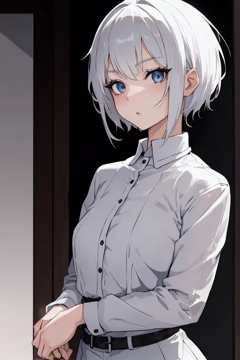 Girl with short white hair looking scared 