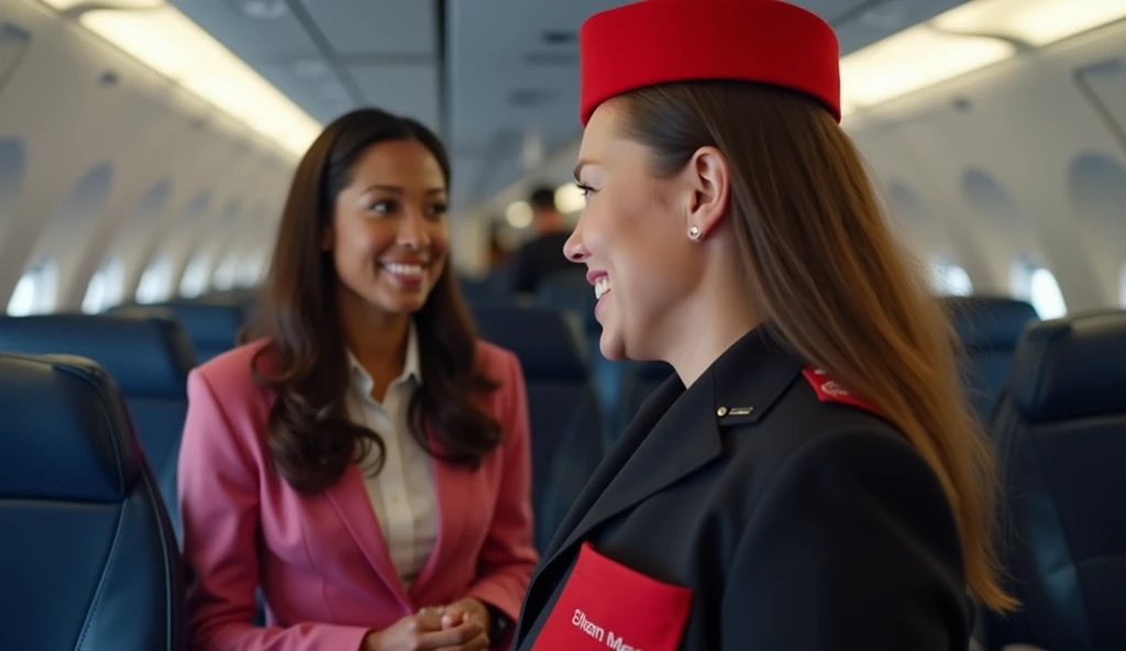 Charlotte Greene: brown skin with long brown hair, Charlotte Greene is 28 years old, Flight attendant Charlotte Greene talks politely to Elon Musk: 52 years old, Elon Musk wears a red Maga hat, Elon Musk is a rich and powerful person , famous for companies...