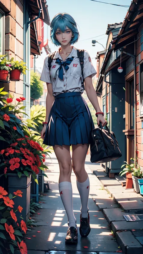 24 year old Caucasian female、Blue Hair、 short bob from behind、Rei Ayanami (Rei Ayanami)  - Neon Genesis Evangelion ( Neon Genesis Evangelion )、 school uniform、 full body photo、blue sky、garden、smile