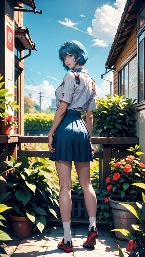 24 year old Caucasian female、Blue Hair、 short bob from behind、Rei Ayanami (Rei Ayanami)  - Neon Genesis Evangelion ( Neon Genesis Evangelion )、 school uniform、 full body photo、blue sky、garden、smile