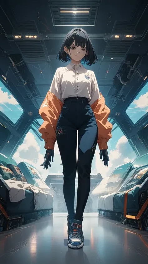 A futuristic anime girl with long, 
straight black hair cascading down her back, 
dressed in a sleek white button-up shirt 
with high-tech buttons that glow softly. 
She stands with one hand resting on her collar, 
her gaze directed toward the viewer with ...