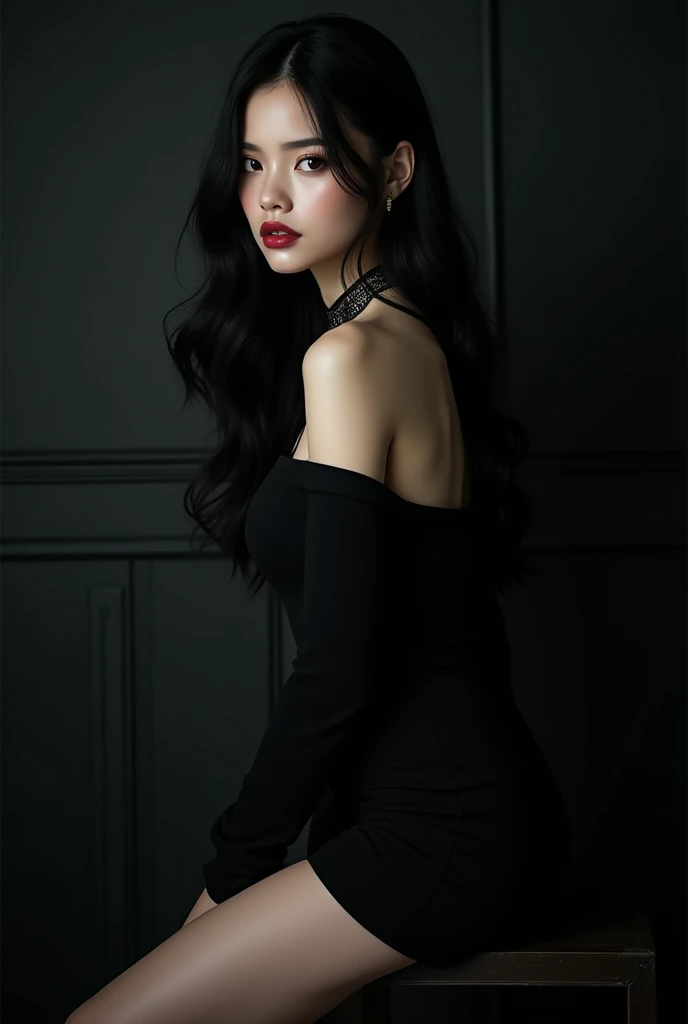 Long black hair, very white  girl wearing black sexy dress