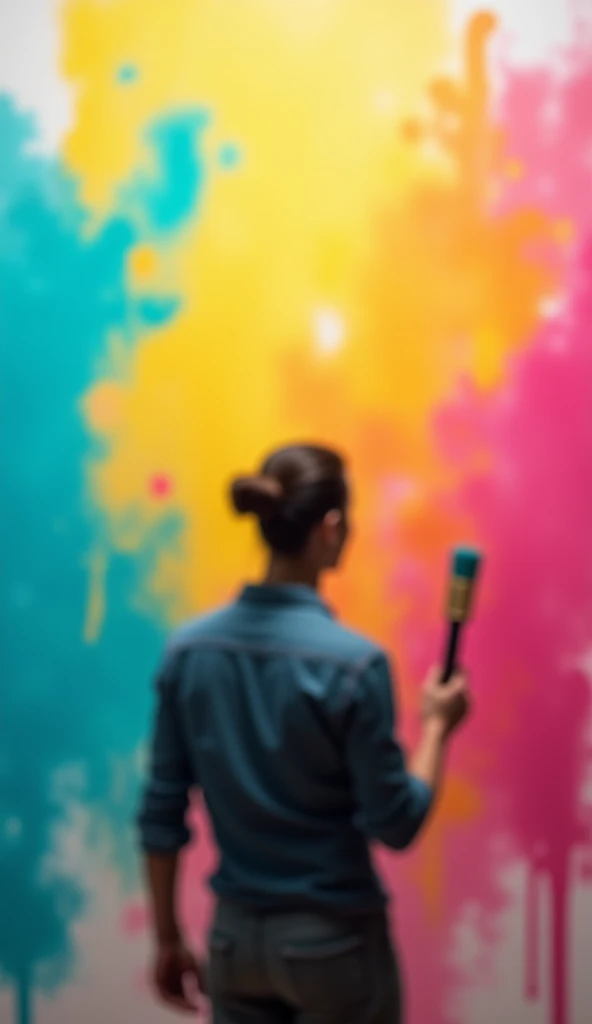  A vibrant scene with an artist holding a brush in front of an abstract canvas , with colors such as turquoise ,  yellow and fuchsia that seem to flow from the brush to the background .  The figure of the artist is blurred to leave the spotlight to the can...