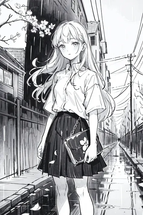 1girl,Line Art,monochrome,sketch,Pencil drawing,traditional media,1girl, black skirt, branch, building, chain-link fence, cherry blossoms, fence, long hair, outdoors, petals, pleated skirt, rain, shirt, short sleeves, skirt, solo, standing, tree,
sky,stree...