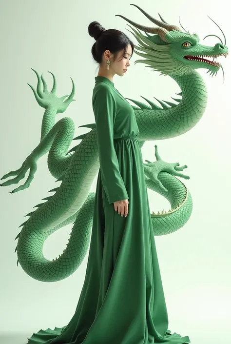 "Realist and surreal image of a woman dressed in an elegant green outfit, with her hair tied in a neat bun. She is confidently standing next to a green Chinese dragon  detailed with intricate scales and dynamic poses, set against a detailed green Chinese d...