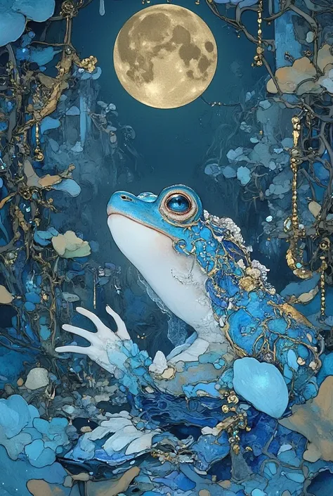 Watercolor art, a tree blue treefrog sitting on a lotus leaf, floating on water with raindrops, surrounded by bright colors and anime style reflections. The background is an enchanted forest at night. Digital painting with intricate details and soft lighti...