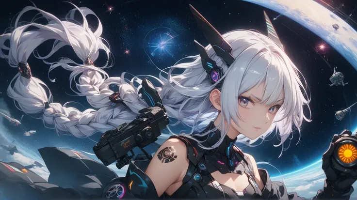 Long view shot Straight to viewer of a serious anime girl with braided white hair and intense violet eyes, dressed in a dark silver and black suite with sharp. Background: space, sci-fi, futuristic Japan space theme. Straight to camera pose. Looking straig...