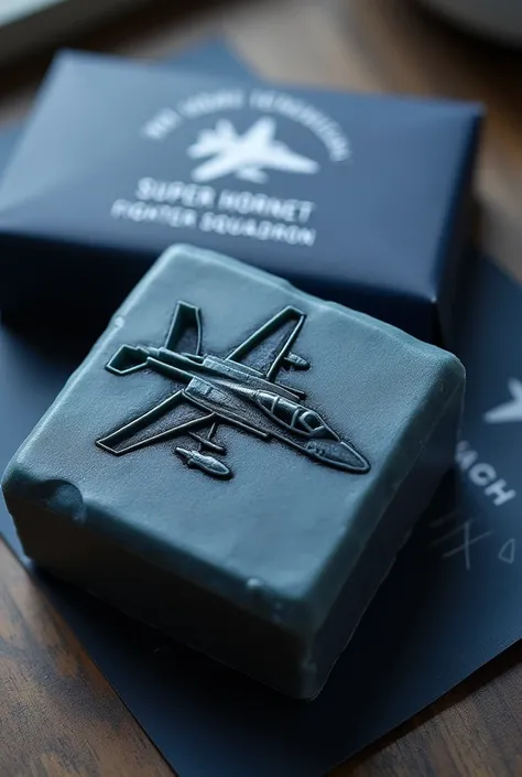 Soap bar,
 " FA/18 SUPER HORNET,101st THORMACH TERADACTAL AIR COMMAND FIGHTER SQUADRON " text stamping written on it ,BRANDING,PACKAGING FOR MY SOAP BAR, Navy blue color packing ,precice text writing , 
F 18 hornet fighter jet silhouette stamped  in the mi...