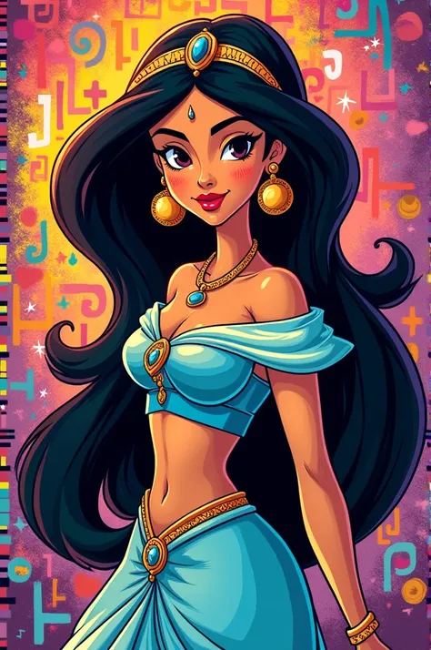 Dessin de princesse jasmine , version pop art, arrière plan rempli décritures style Graffiti 