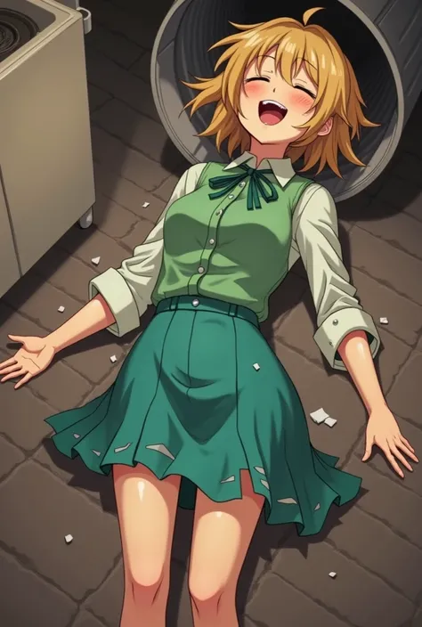 score_9, score_8_up, score_7_up, score_6_up, score_5_up, score_4_up, source_anime, solo focus, office girl, eyes closed, drunk, drunk girl, mouth open, drolling, passed out, (fall asleep), top-down bottom-up, ((inside trash bin)), disheveled clothes, skirt...