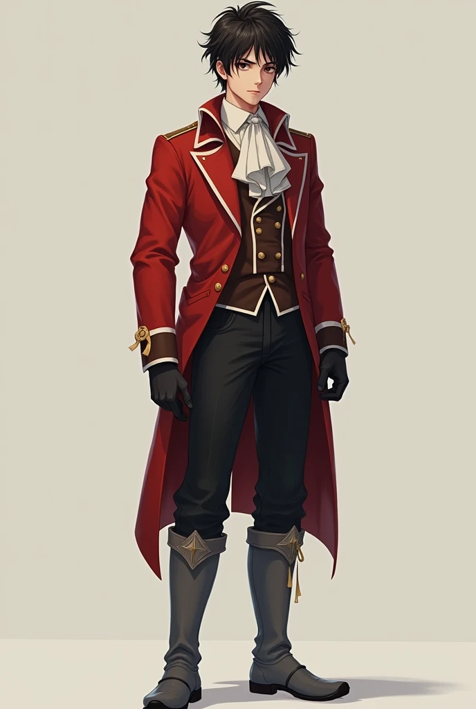 height 180 ,  skinny build , 25 years old , black, disheveled,  slightly dirty hair ,  usually a slightly dissatisfied face and an aristocratic look,  pale skin,  brown eye .  dressed in a shabby red uniform with white ribbons ,  dark brown gloves , black ...