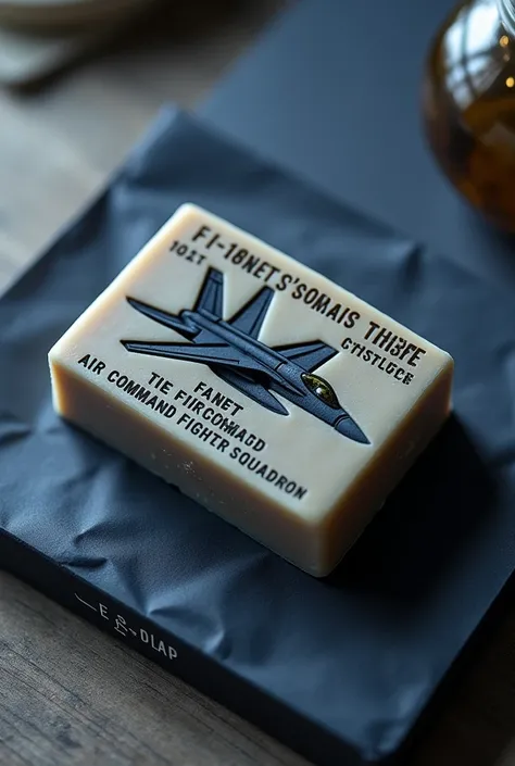 Soap bar,
 " FA/18 SUPER HORNET,101st THORMACH TERADACTAL AIR COMMAND FIGHTER SQUADRON " text stamping written on it ,BRANDING,PACKAGING FOR MY SOAP BAR, Navy blue color packing ,precice text writing , 
F 18 hornet fighter jet silhouette stamped  in the mi...