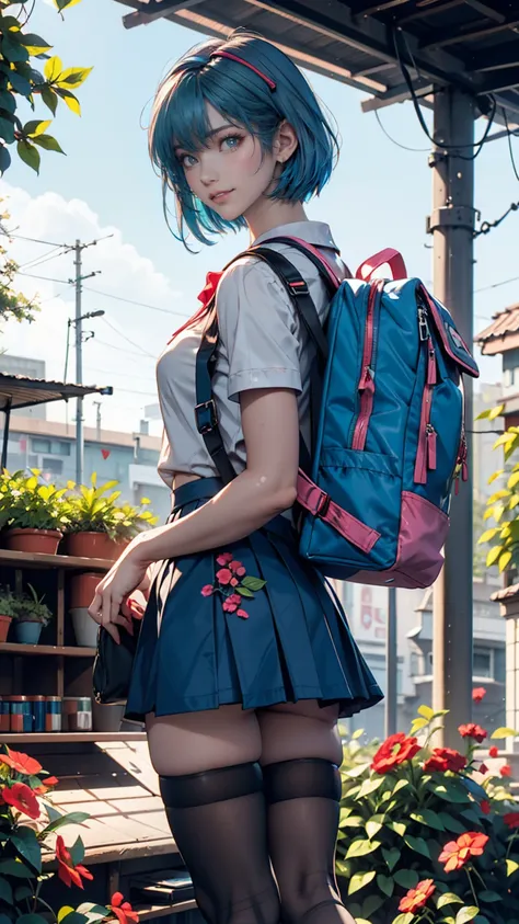 224 year old white woman 、Blue Hair、 short bob from behind、Rei Ayanami (Rei Ayanami)  - Neon Genesis Evangelion ( Neon Genesis Evangelion )、 school uniform（ micro mini skirt)、 full body photo、blue sky、garden、smile、School bag