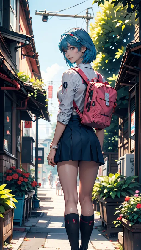 224 year old white woman 、Blue Hair、 short bob from behind、Rei Ayanami (Rei Ayanami)  - Neon Genesis Evangelion ( Neon Genesis Evangelion )、 school uniform（ micro mini skirt)、 full body photo、blue sky、garden、smile、School bag