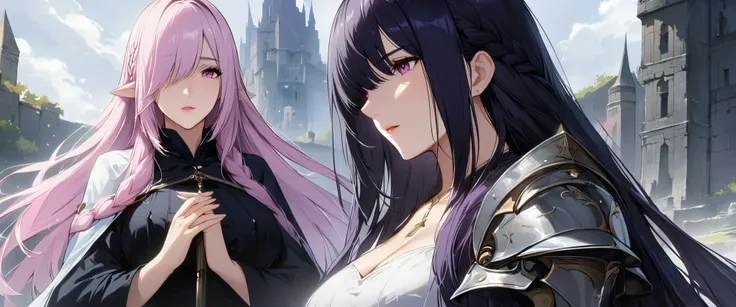 (masterpiece, UHD, 8K, 16K, ultra detailed, best quality:1.2), illustration, yuri, 2girls, (duo focus), Ily(girl on left, white long braided hair, hair over one eye, pink eyes, looking at Rize, praying, using a sister dress, priestess), Rize(girl on right,...