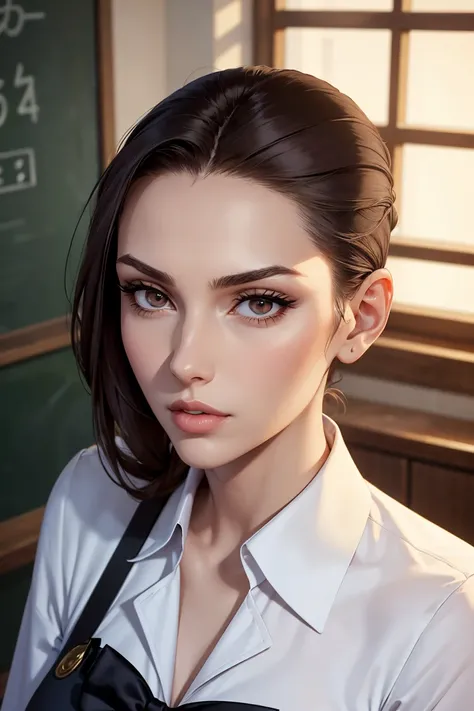 A tall and slender woman in a school teacher outfit, almond shaped eyes, full lips, pointy nose, long slicked back hair