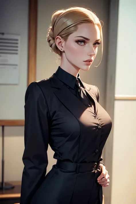 A tall and slender woman in a school teacher outfit, almond shaped eyes, full lips, pointy nose, long slicked back hair